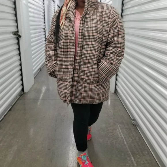 NEW Vigoss Plaid Puffer Coat Sz 1X TanTartan Plaid Print Quilted Fabric Jacket - Picture 3 of 7